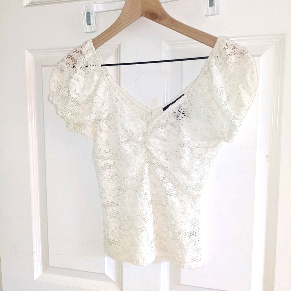 Forever 21 sheer lace shirt with puffy cap sleeves, size M